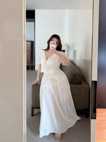 Vibekara Bộ đồ hai mảnh thời trang xuân/hè thanh lịch dành cho kỳ nghỉ hè: Áo cardigan tay phồng cổ chữ V phối bèo nhún, chất liệu chiffon kẻ sọc, kết hợp với chân váy maxi xếp ly, thích hợp cho trang phục đi biển mùa hè. - trắng - Xem 6
