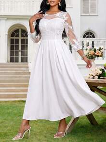 SHEIN Lady 白色间隔面料印花连衣裙 - 白色 - 查看 1