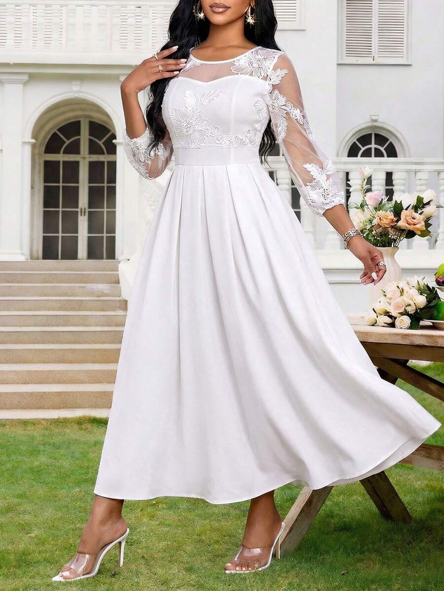 SHEIN Lady 白色间隔面料印花连衣裙 - 白色 - 查看 1