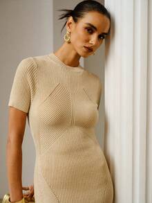 ZEYLAH Short Sleeve Knit Mock Neck Dress, Spring/Summer - Apricot - View 1