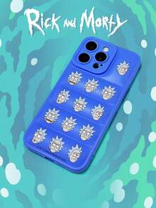 Rick and Morty X SHEIN 瑞克和莫蒂瑞克表情手机壳，蓝色软TPU保护套，磨砂质感，保护摄像头镜头，可爱卡通表情印花，防震保护套，日常使用及卡通迷生日礼物，手机壳，兼容iPhone 11/12/13/14/15/16/17 Pro Max，手机配件，快速发货 - 藍色 - 查看 2