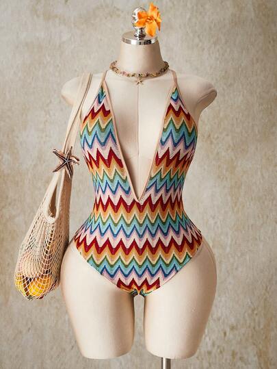 SHEIN ICON Women's Plus Size Retro Sexy Casual Beach Vacation Millennial Style Y2K Fashionable And Unique Colorful Wavy Striped Pattern Deep V-Neck Crossback Bodysuit