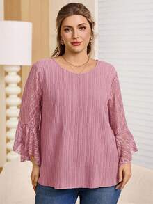 Rosumi 大码女式优雅通勤纯色蕾丝拼接衬衫 - 粉色 - 查看 6