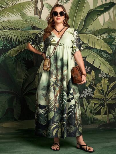 EMERY ROSE Vestido casual de vacaciones con estampado tropical de talla grande