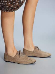 CUCCOO GRLICON 女士方头系带休闲平底乐福鞋 - 卡其色 - 查看 3