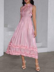 Modelyn Women's French Style Pink Satin Stand Collar Tie-Waist Double Ruffle Hem Sleeveless Dress - Pink - View 3