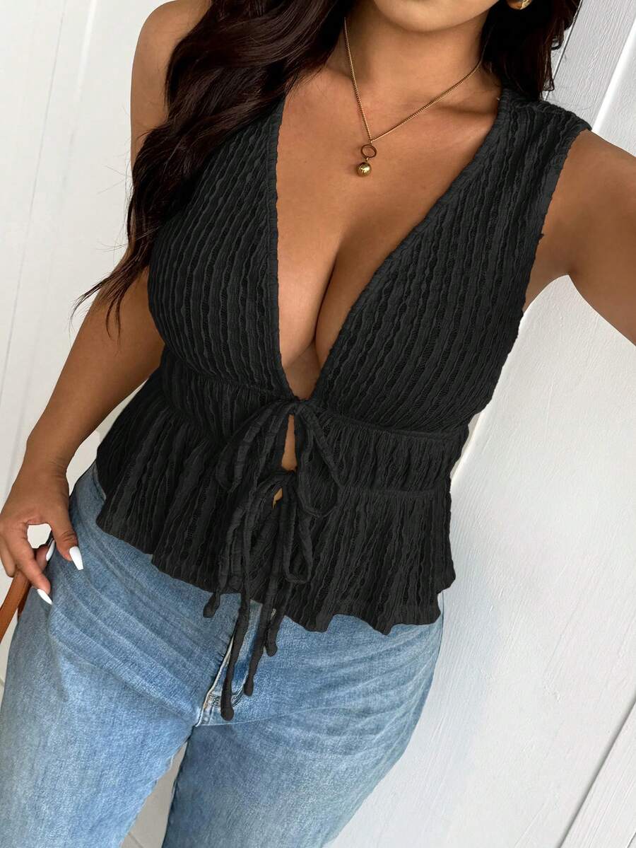 Lounesse Plus Size Summer Casual Solid Color Textured Tie-Up Camisole - Black - View 1