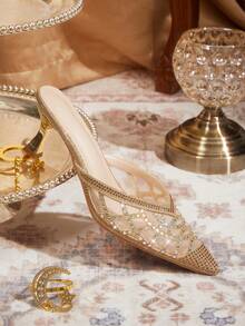 CUCCOO TILAWA Zapatos de mujer Zapatos de tacón de aguja dorados con rhinestones y malla de moda para fiesta y cena, elegantes y sexys, zapatos de tacón de gatito, zapatos de tacón alto, zapatos mule sin talón - Dorado - Ver 3