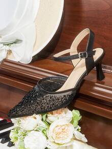 CUCCOO HITCHD Tacones de aguja con diamante de imitación para mujer, de tacón medio. Zapatos de vestir elegantes, casuales y minimalistas, cómodos y de fácil puesta, para bodas, trabajo, citas y ocasiones formales - Negro - Ver 13
