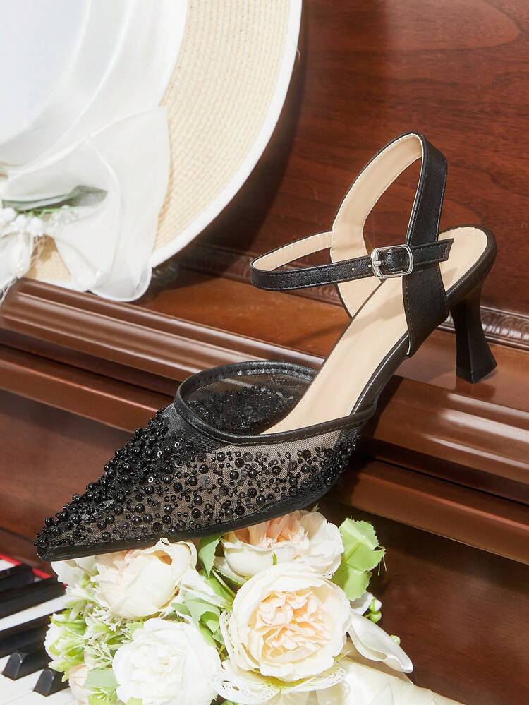 CUCCOO HITCHD Women's Pointed Toe Rhinestone Stiletto Mid Heel Pumps, Elegant Casual Minimalist Comfortable Slip-On Dress Shoes For Wedding, Work, Date, Formal Occasions Wedding Shoes Summer Shoes Bride Shoes