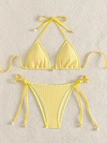 Swim Mod 度假沙滩撞色镶边比基尼套装 系带比基尼 贝壳比基尼 度假比基尼 日光浴比基尼 黄色比基尼 三角比基尼 比基尼款式 女士比基尼套装 女士沙滩装 女士泳衣 女士泳装 - 淡黃色 - 查看 5