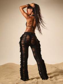 MISSGUIDED 女士黑色流苏喇叭裤，饰有流苏镂空，适合节日派对、休闲场合的阔腿裤 - 黑色 - 查看 1