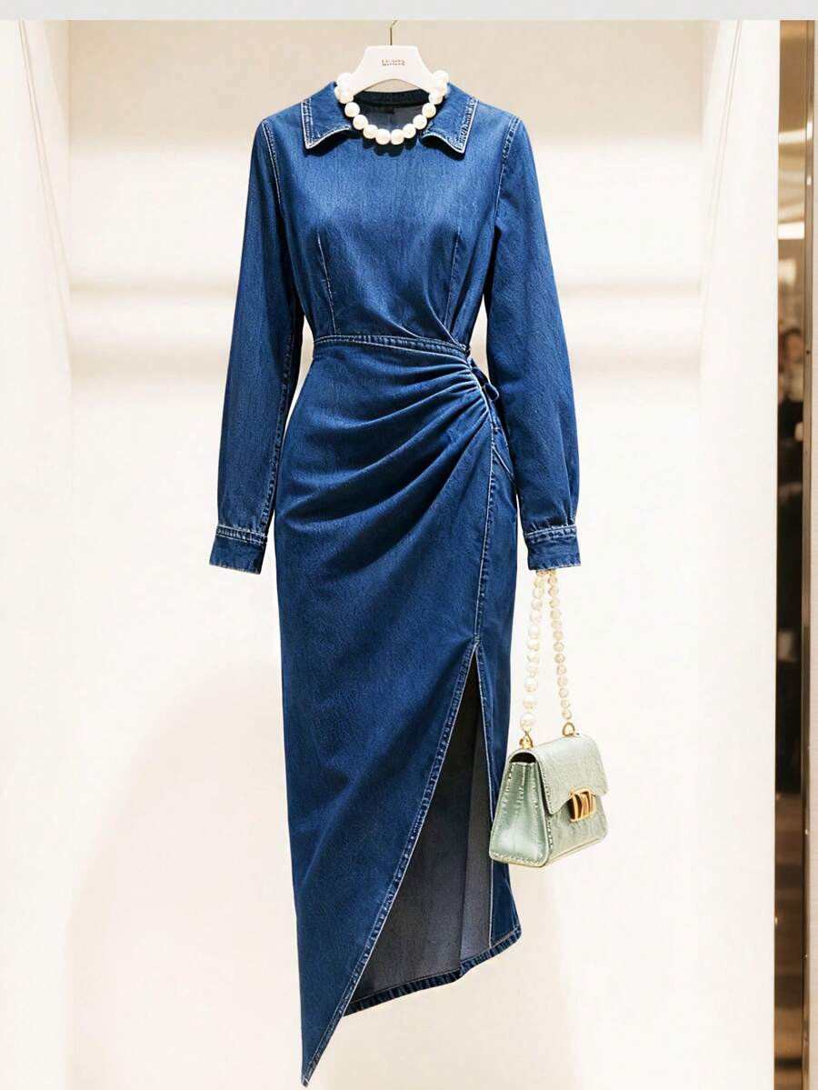 GlowEve 女士翻领长袖褶皱侧开衩修身牛仔连衣裙 - 藍色 - 查看 1