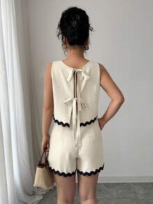 Selianne Women's Elegant Square Neck Sleeveless Crop Top With Contrast Tape Trim And Straight Leg Shorts 2-Piece Set, Spring/Summer - Apricot - View 2