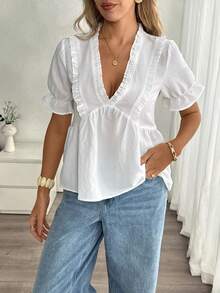 Louniche 女士休闲度假风纹理V领荷叶边拼接花瓣袖衬衫，春夏款 - 白色 - 查看 7