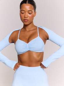 Musera Sport Áo bra thể thao nhún bèo phía trước kèm áo khoác ngoài, thích hợp cho hoạt động thể thao, tập luyện, tập gym, pilates, thể dục, mặc hàng ngày, màu thạch anh khói, mùa hè. - Màu xanh bụi bặm - Xem 6