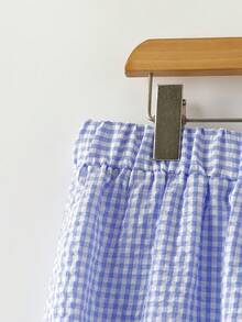 SHEIN LUNE 大码女式格子套装，蝴蝶结装饰，高腰阔腿裤，蓝色上衣，休闲简约风，返校季穿搭，系带衬衫，蓝白格子套装，休闲两件套，优雅套装，商务休闲风，适合丰满身材，搭配高腰裤，返校季两件套，秋季女装，复古奢华风 - 藍白色 - 查看 4