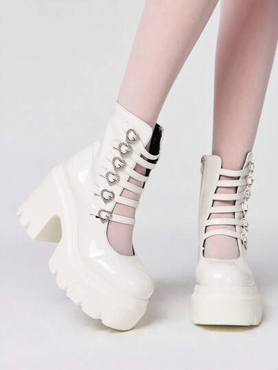 ROMWE Kawaii Women Heeled Sandals~ 2026 New Fashion Spring And Autumn Punk Style White PU Round Toe Women's Shoes Thick Heel Waterproof Table High Heel Shoes Love Cross Belt Fashion Boots