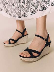 Styleloop Women's Fashionable Versatile Buckle Design Thick Sole Wedge Sandals For Daily Wear - Black - View 3