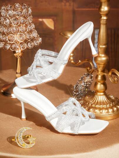 CUCCOO TILAWA Women Shoes Square Toe High Heel White Transparent Film Hollow Rhinestones Sexy Fashion Elegant Gorgeous Women's High Heel Sandals Slippers With Skirts Daily Versatile Banquet Party Women's Sandals