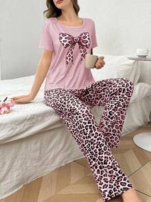 Leopard Print Bow Decor Short Sleeve & Pants Women Pajama Set - Pink - View 3