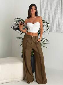 Ronhire Elegant & Chic Brown Wide Leg Pants With Pleated Leg Design, Suitable For Fall/Autumn - Rust Brown - View 1