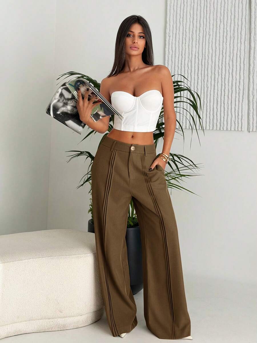 Ronhire Elegant & Chic Brown Wide Leg Pants With Pleated Leg Design, Suitable For Fall/Autumn - Rust Brown - View 1