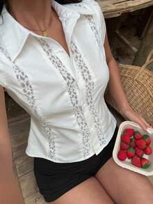 Aloruh Áo kiểu nữ mùa xuân/hè mới, màu trắng trơn, viền ren, tay cánh hoa. - trắng - Xem 5