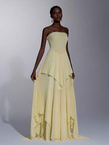 Elitara Vestido de gasa con hombros descubiertos, plisado y fruncido en el bajo, elegante y romántico, adecuado para festivales, bodas, galas, conciertos, eventos de negocios y ocasiones de influencers en redes sociales - Amarillo claro - Ver 1