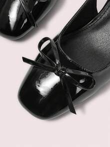 CUCCOO DOLLMOD Women's New Bowknot Open Heel Black Patent Leather Square Toe Elegant Chunky High Heel Pumps - Black - View 5