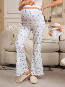 SHEIN Casual Printed Slim Fit Maternity Flare Pants - Blue - View 1