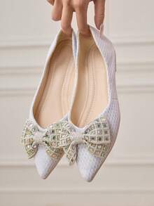 CUCCOO HITCHD New Rhinestone Bow Knot Pointed Toe Flats, Elegant Fashion Comfortable Versatile Charming Black Shoes Wedding Shoes - Beige - View 2