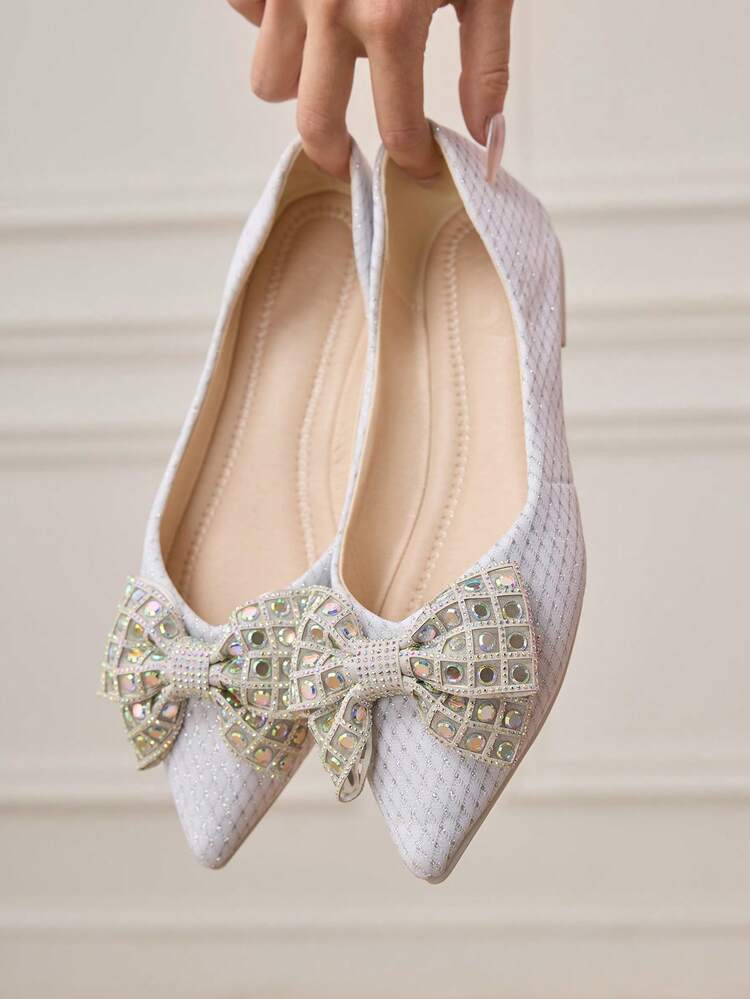 CUCCOO HITCHD New Rhinestone Bow Knot Pointed Toe Flats, Elegant Fashion Comfortable Versatile Charming Black Shoes Wedding Shoes Spring Shoes Bride Shoes