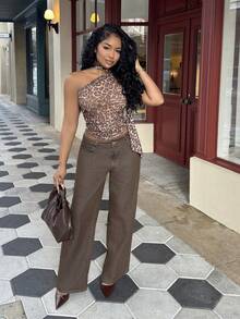 Alexandranx 豹纹露背上衣，不对称上衣，Y2k 服装 - 銅色 - 查看 4