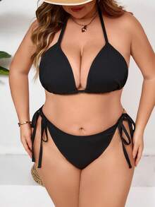 SHEIN CURVE+ Plus Size Women Black Side Drawstring Design Beach Vacation Bikini Set - Black - View 7
