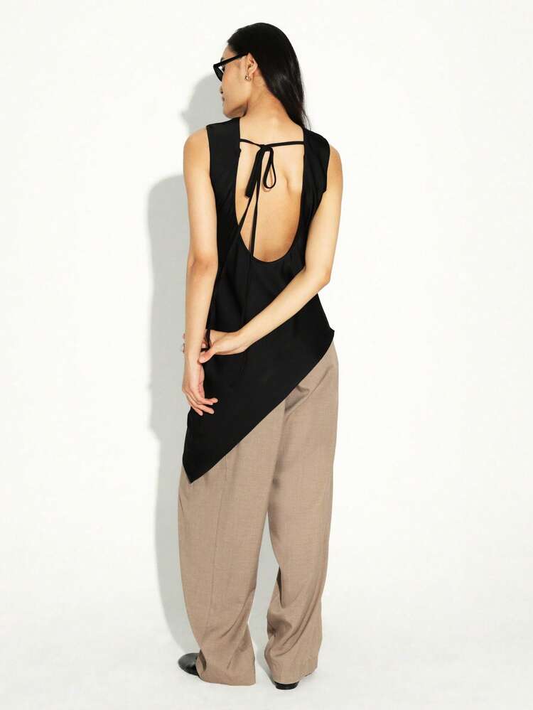 KSTM Sleeveless Asymmetrical Open Back Top With Tie Closure For Contemporary Fashion Casual Chic Style Evening Wear Modern