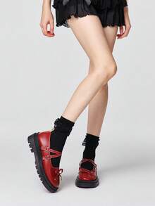 ROMWE Kawaii Women Wedges & Flatform - Burgundy Cross Bow - View 2