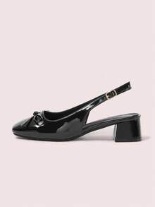 CUCCOO DOLLMOD Women's New Bowknot Open Heel Black Patent Leather Square Toe Elegant Chunky High Heel Pumps - Black - View 2