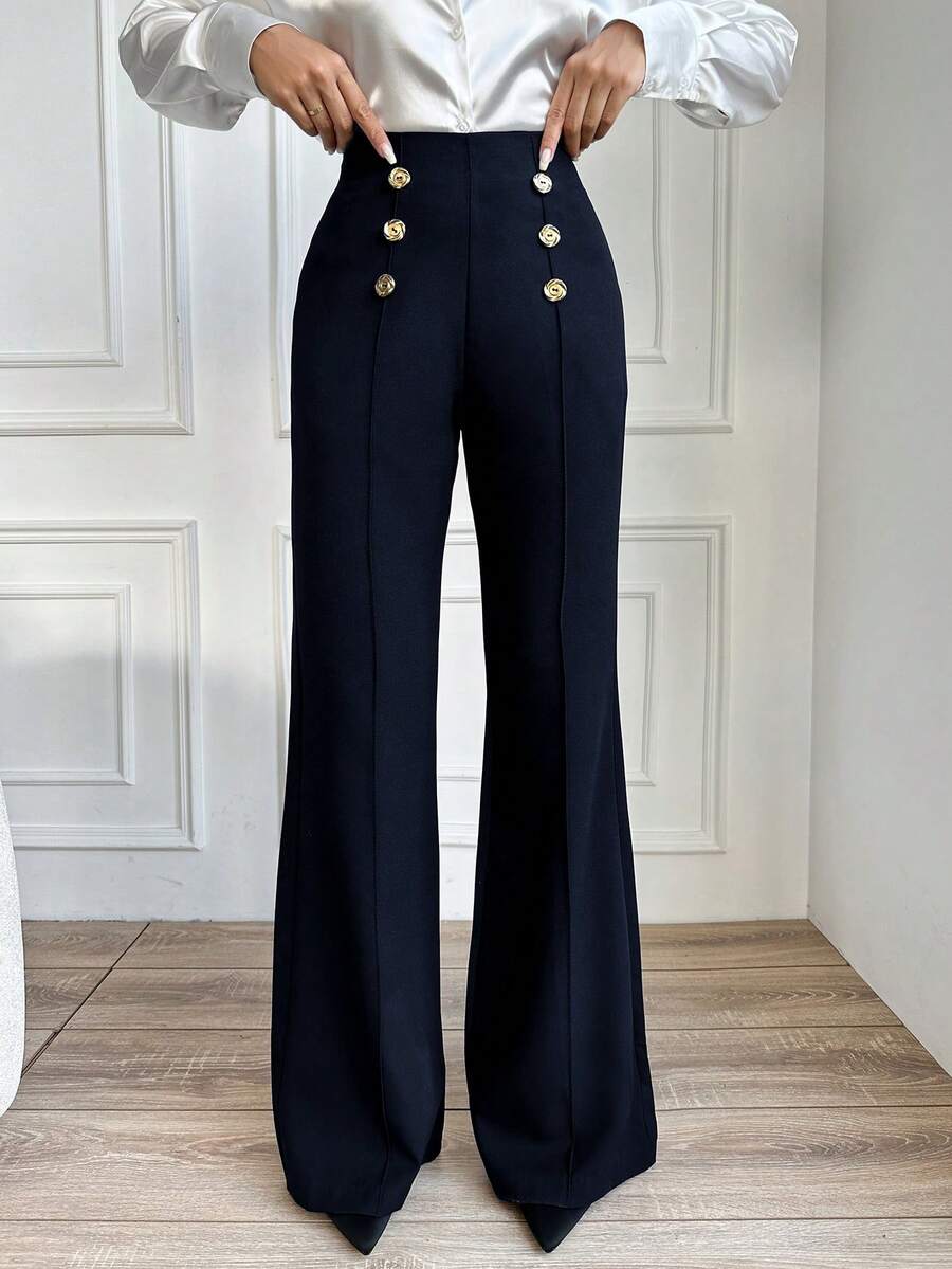 EURMUSE Ladies' Solid Color Double Breasted Flared Pants - Navy Blue - View 1