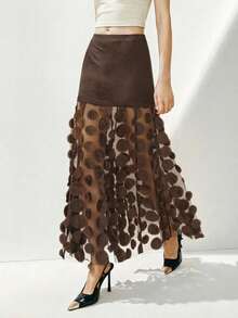 Revavyn 女士高腰A字裙，采用弹力针织面料，网纱拼接，刺绣和大波点设计，优雅约会之选 - 咖啡棕 - 查看 3