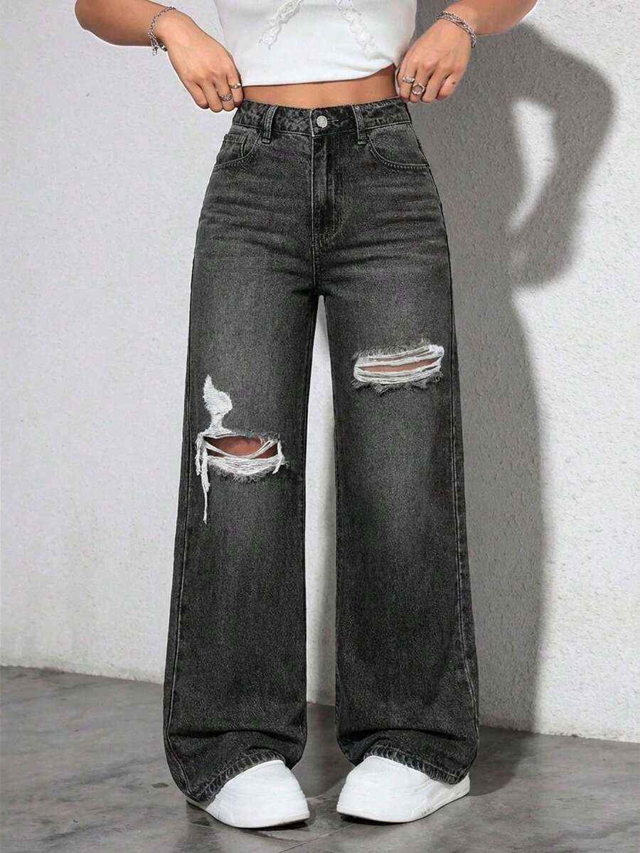 Washed Denim Blue High Waist Ripped Wide Leg Jeans - Dark Grey - View 1