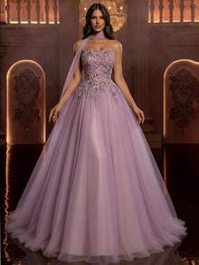 Glamrae 优雅奢华的串珠亮片花卉性感抹胸网纱薄纱长裙，配有可拆卸无肩带，适合婚礼、活动、派对、度假、盛会、正式场合穿着（装饰繁复） - 紫羅蘭色 - 查看 7