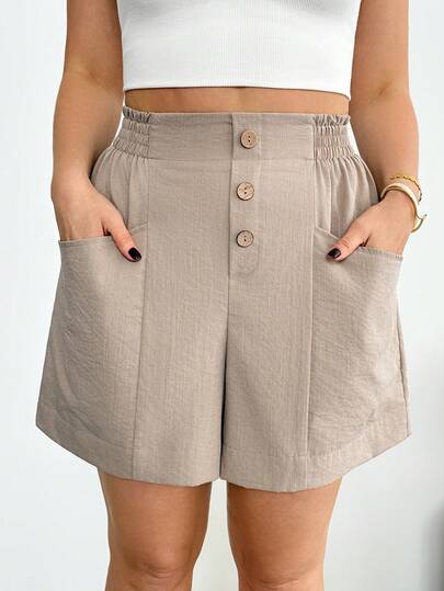 Shapeblank Quần short kaki dáng rộng thoải mái, cơ bản, cạp chun, túi lớn dành cho nữ cỡ lớn, thời trang xuân/hè, quần áo mùa hè, trang phục đi nghỉ mát, quần nữ, quần short ôm dáng, kiểu dáng đơn giản, quần short rộng thùng thình.