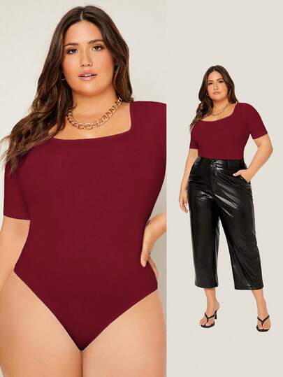 EMERY ROSE Plus Size Women's Solid Color Square Neck Short Sleeve Casual Bodysuit