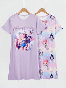 Girls Cute Sheep Pattern Comfortable 2 Pieces Round Neck Short Sleeve Long Nightgown Loungewear Character Shirts Girls - Purple - View 3