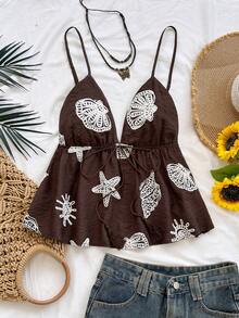 Soleia New Casual Sexy Vacation Shell Embroidered Spaghetti Strap A-Line Bohemian Camisole Golf White Summer - Brown - View 3