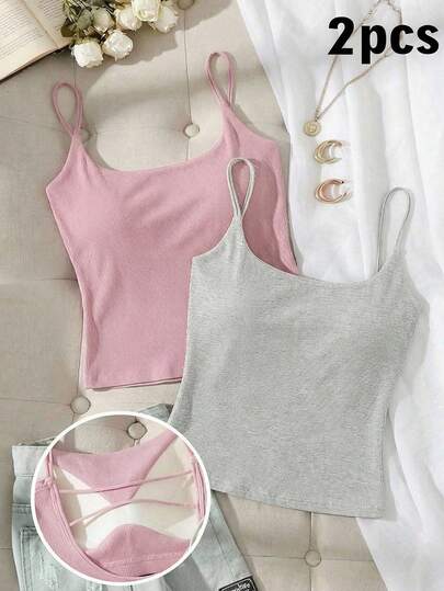 Tseoso 2 Packs Women's Ribbed Camisole Tops With Built-In Padded Bra (Pink & Gray) - Casual Versatile Tank Tops For Summer & All-Season Wear, Cozy Soft Girl & Clean Girl Styles For Home, School, Sports, Gym, Streetwear & Music Festival