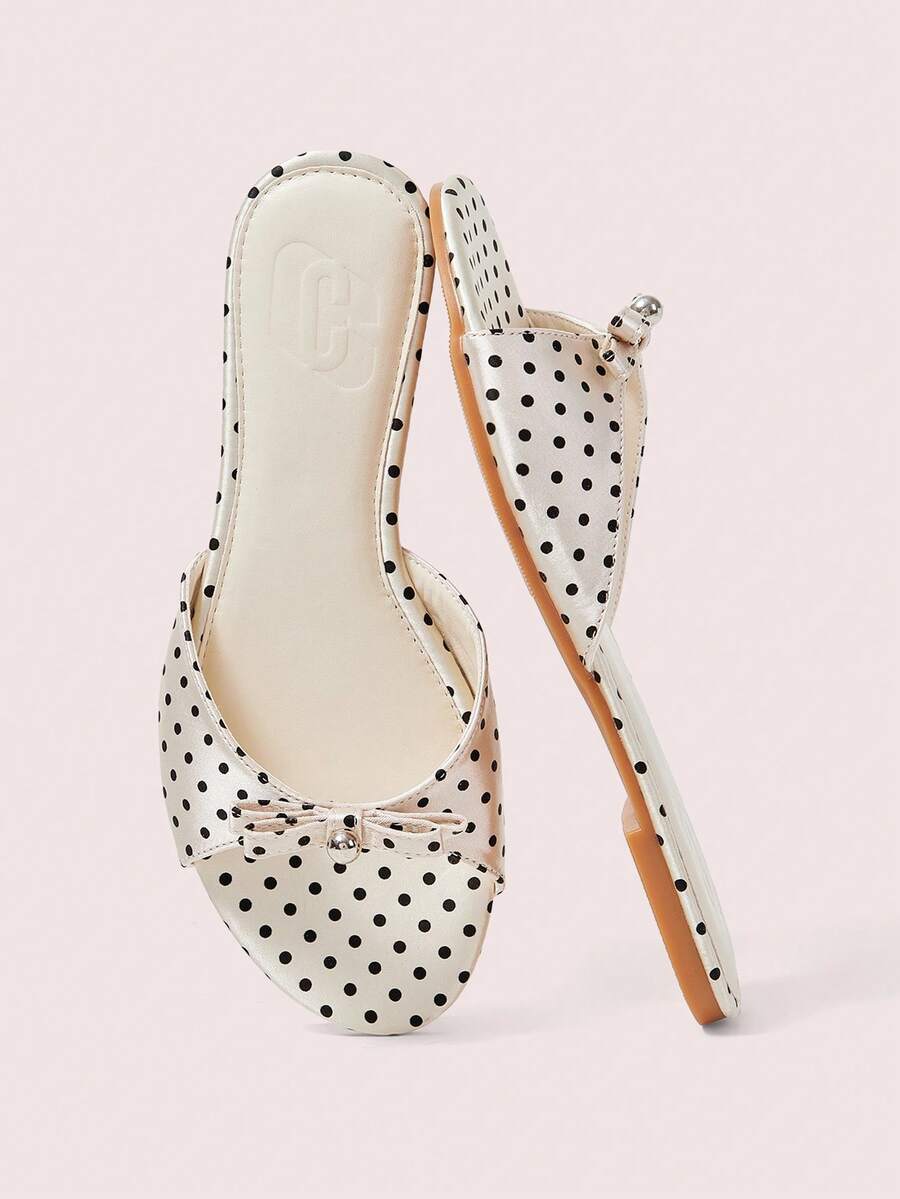 CUCCOO DOLLMOD Ladies Beige Polka Dot Comfortable Flat Sandals, Sweet Style Bow Flat Sandals - Off-white - View 1