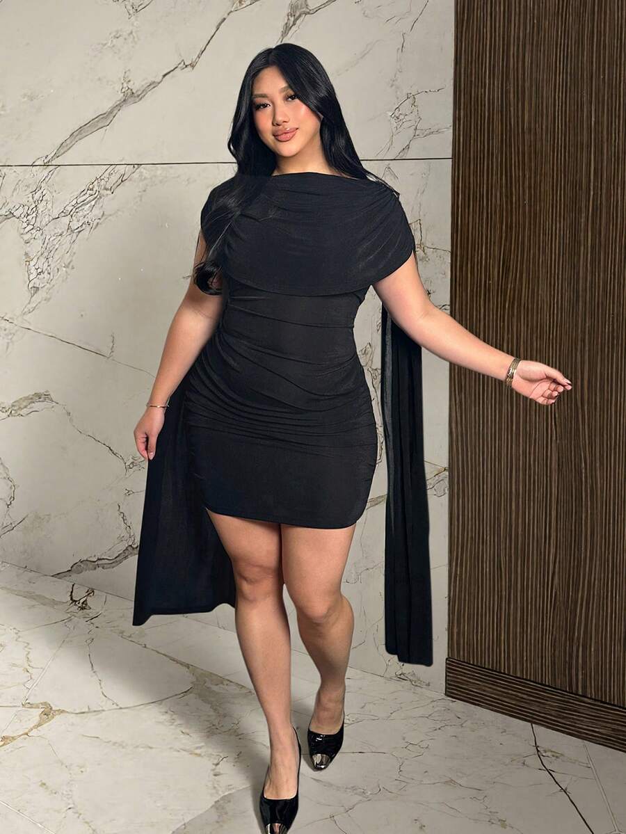 Firerie 加大码女士休闲优雅飘逸缎带修身连衣裙 节日连衣裙/优雅派对连衣裙/感恩节女装/新年连衣裙/冬季女装/秋季服装/新年连衣裙/派对连衣裙/黑色半身裙/黑色连衣裙 - 黑色 - 查看 1