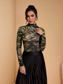 JIAN LASALA 性感印花透视网纱长袖立领修身夏季波西米亚风休闲上衣 - 彩色 - 查看 4